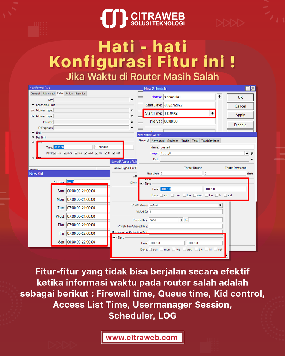 citraweb_com's tweet image. Fitur Firewall time, Queue time, Kid control, Access List Time, Usermanager Session, Scheduler dan juga LOG tidak akan bisa berjalan secara efektif ketika informasi waktu yang ada di #MikroTik salah.

Pelajari melalui:
citraweb.com/artikel/55/

#NetworkTimeProtocol #Citraweb