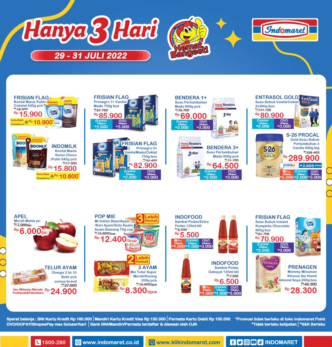 Indomaret's tweet photo. HANYA 3 HARI | Dapatkan hematnya selama periode 29-31 Juli 2022 minggu ini. Yuk belanja sekarang di Indomaret! Info lengkap S&amp;K promo Kartu Bank/Gopay/ShopeePay/Ovo cek di https://t.co/OyBiokilep #Indomaret #PromosiIndomaret #Hanya3Hari https://t.co/19JWkobkYE