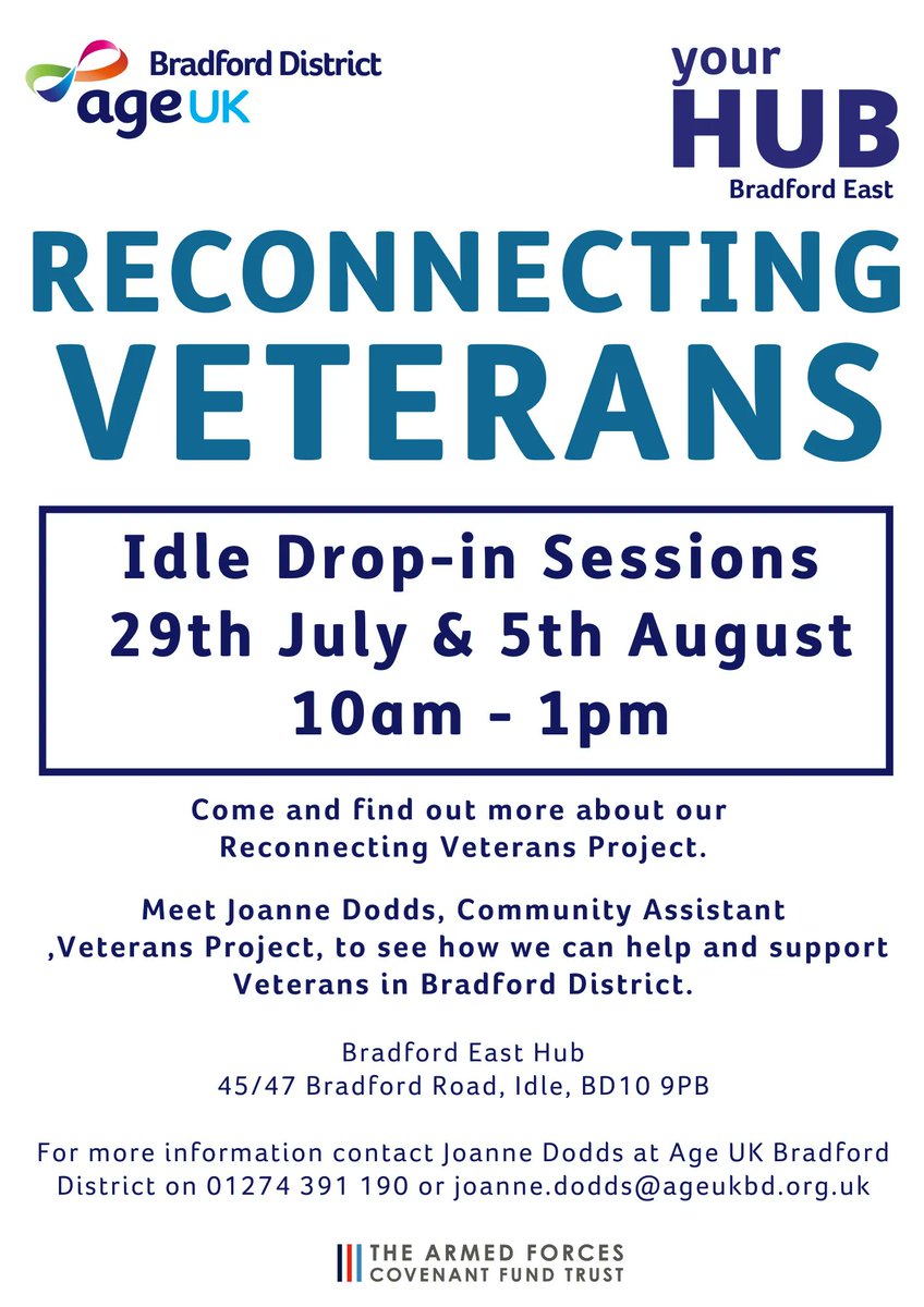 Tomorrow at 10am-1pm! #Veterans drop-in session, pop in to #Idle and meet @CllrJoanneDodds to find out more on our Reconnecting Veterans project! #Bradford #BradfordEast