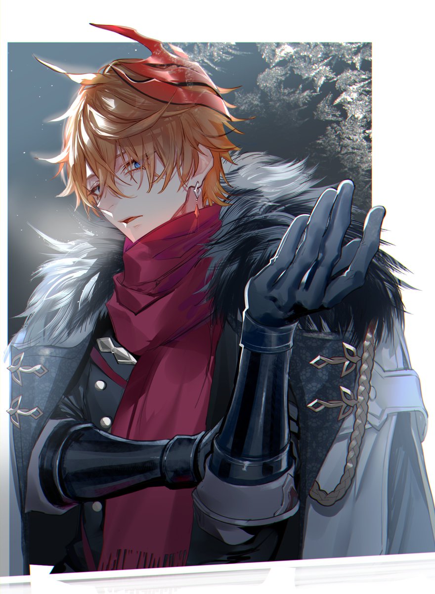 tartaglia (genshin impact) 1boy male focus gloves red scarf solo scarf black gloves  illustration images