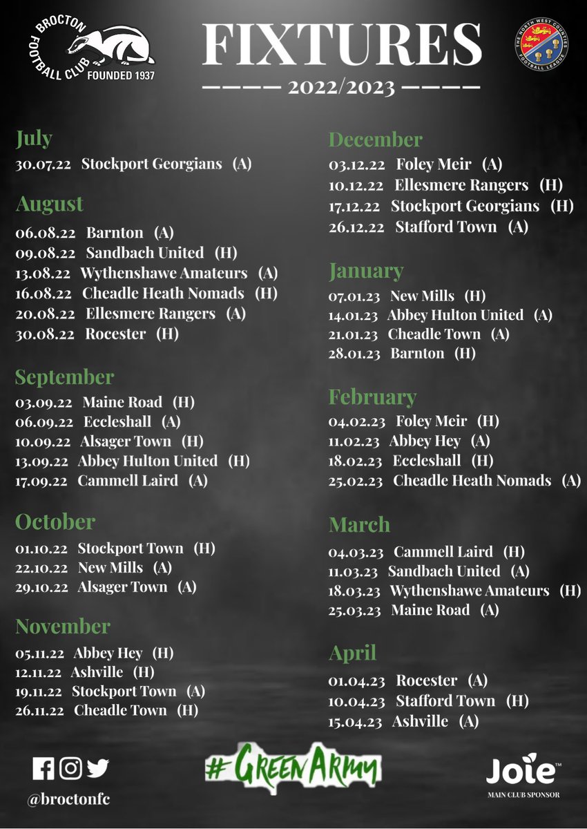 Full 2022/23 League Season Fixture List (Subject to change)