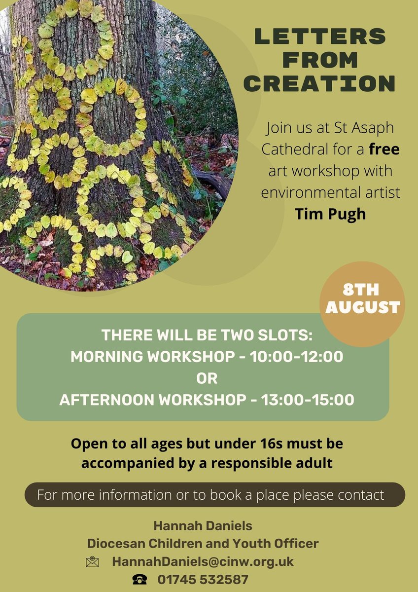 Letters from Creation- August 8th - a fun and wonderful way to get creative in the outdoors! Be inspired by Tim Pugh environmental artist- spend a couple of hours in the cathedral grounds- a great way to unwind 😊💚 @TimPughArtist @StAsaphDiocese @StAsaphCath @TranslatorsT