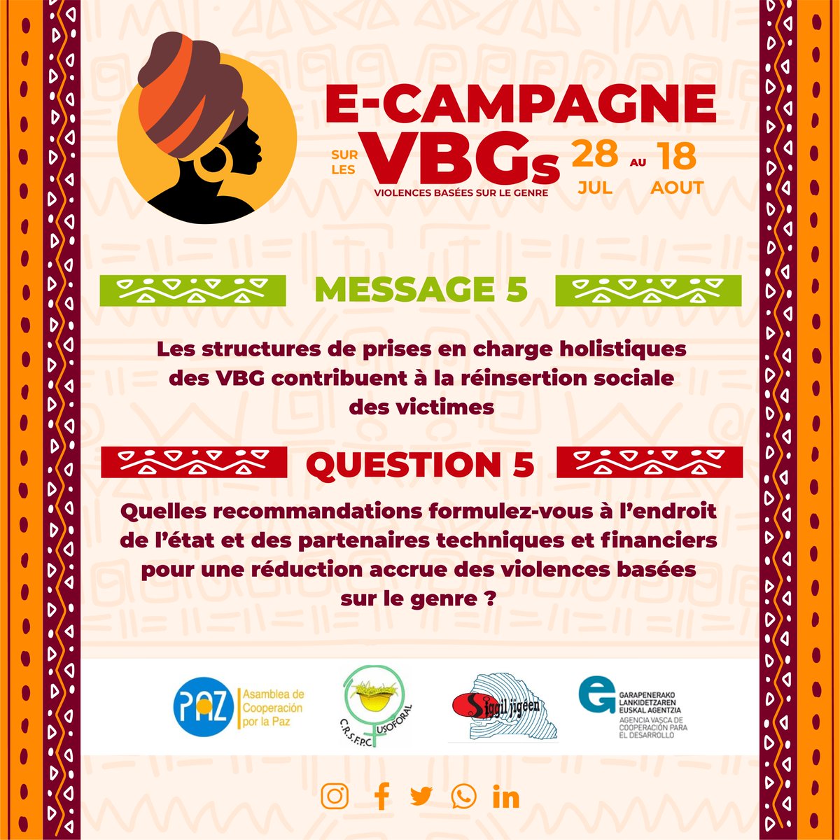 rsiggiljigeen's tweet photo. Q5:Quelles recommandations formulez-vous à l'endroit de l'état et des partenaires techniques et financiers pour une réduction accrue des violences basés sur le genre?
@rsiggiljigeen
@Usoforal
@santegouv_sn 
@MFFG_SN 
@Macky_Sall @Kebetubot https://t.co/PTWTTp35BH