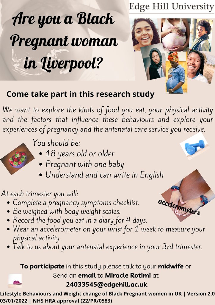 Good day, 
Interested in being a part of research?Please see the image for more information and if you are interested in participating, or have more questions, kindly send me a message at 24033545@edgehill.ac.uk
I look forward to hearing from you 🙂
#BlackPregnantWomen