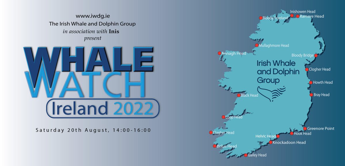 Whale Watch Ireland 2022, Saturday 20th August 2-4pm. 
This annual event comprises free and guided whale watches at local headlands and vantage points,as part of All-Ireland whale watch day at 18 locations around the Irish coast drive.google.com/file/d/13rpDXX…

#WhaleWatchIreland2022