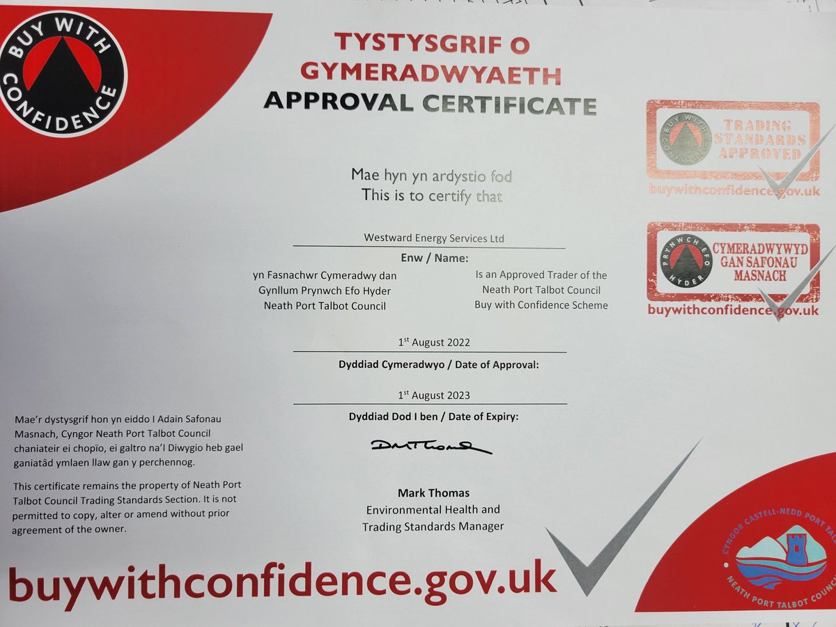 Westward Energy Services Ltd (@westwardhtg) on Twitter photo Westward delighted to gain accreditation from <a href="/BWCconnect/">Buy With Confidence</a> through <a href="/NPTCouncil/">Neath Port Talbot Council</a> Trading Standards Westward delighted to gain accreditation from <a href="/BWCconnect/">Buy With Confidence</a> through <a href="/NPTCouncil/">Neath Port Talbot Council</a> Trading Standards