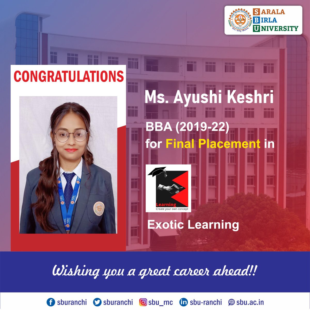 sburanchi's tweet photo. Congratulations to Ms. Ayushi Keshri of BBA 2019-22 Batch for her Final Placement in Exotic Learning.
#sbu #sburanchi #campusplacement #finalplacement #bbaplacement #BBA #exoticlearning https://t.co/uv5EmEH3PS