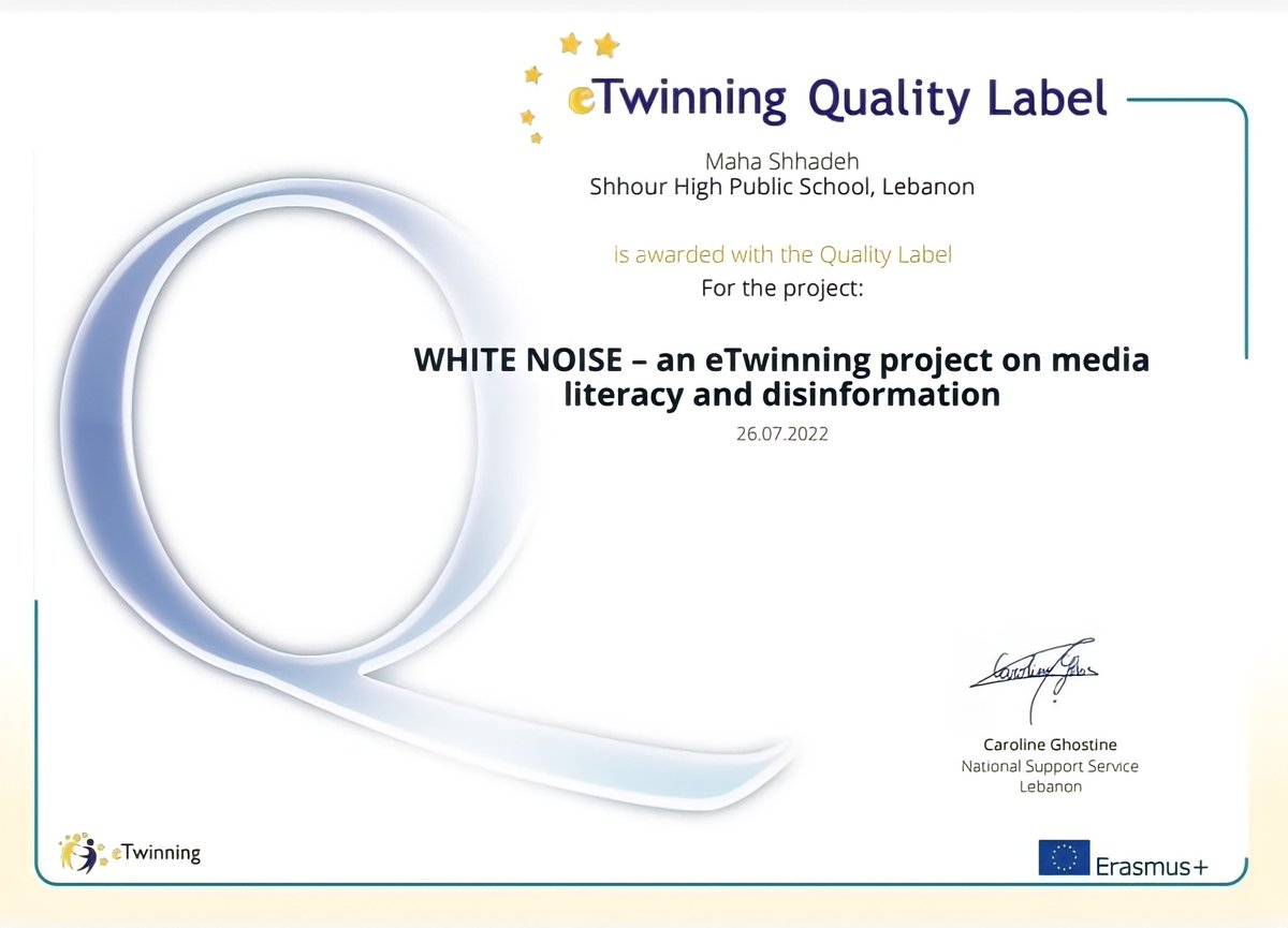 ShhadehMaha's tweet photo. #eTwinning_Quality_Label
Elated to be awarded the national #etwinning_quality_label for my White Noise Project ! Teamwork is always the best!
#eTwinning #eTwinningplus #europe #GlobalGoals #GlobalEducation #globaleducator @etwinningplus
#ETwinningEurope https://t.co/fc9w779IEc