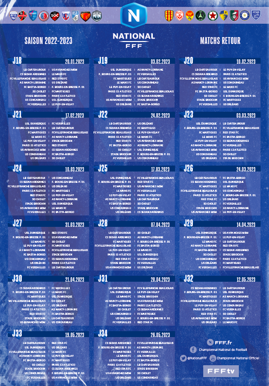 🗓 Découvrez le calendrier actualisé du championnat de <a href="/NationalFFF/">Championnat National</a> saison 2022-2023 !

À la suite de la décision du COMEX, le <a href="/FCVB_officiel/">FC Villefranche Beaujolais</a> participera au championnat de National la saison prochaine.

J1 : Vendredi 12 Août 2022
J34 : Vendredi 26 Mai 2023