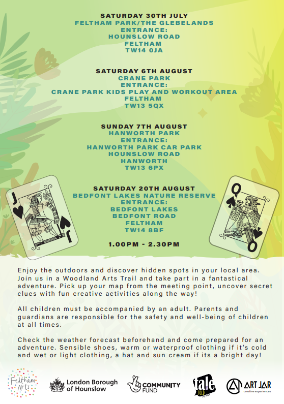 Come along this Saturday to the first of four events in local parks!
♟🎲🐍Outdoor Summer Fun🐍🎲♟
Feltham Park &amp; Glebelands
meet at Hounslow Road entrance TW14 0JA
A FREE family event from 1:00pm-2:30pm 
felthamarts.org/children-family
Part of Hounslow's #SummerofCulture2022