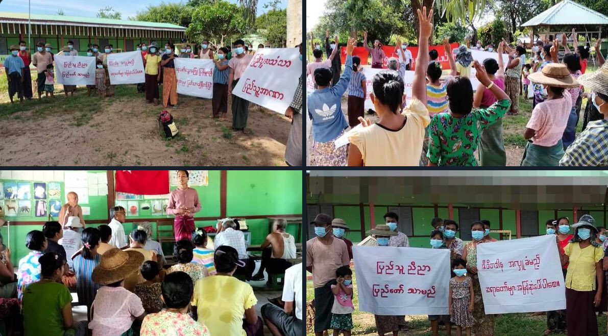 Whiteishappy's tweet photo. In a village of Kani Township, people protested against the terrorist regime, in vigor.   #2022July28Coup #EndImpunity #WhatsHappeningInMyanmar https://t.co/Ipy5Fc7Oi2