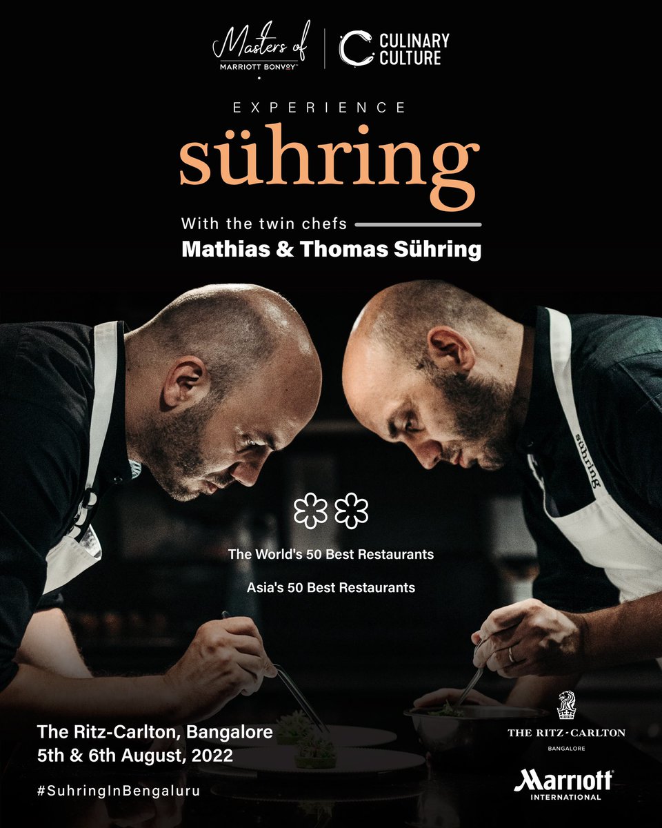 #MastersofMarriottBonvoy &amp; #CulinaryCulture are excited to welcome the Two Michelin starred restaurant Sühring from Thailand to India next week for two very special dinners @ Ritz-Carlton Bangalore.

Waitlist: vishwesh.ramesh@ritzcarlton.com

#SuhringinBengaluru #MarriottBonvoy