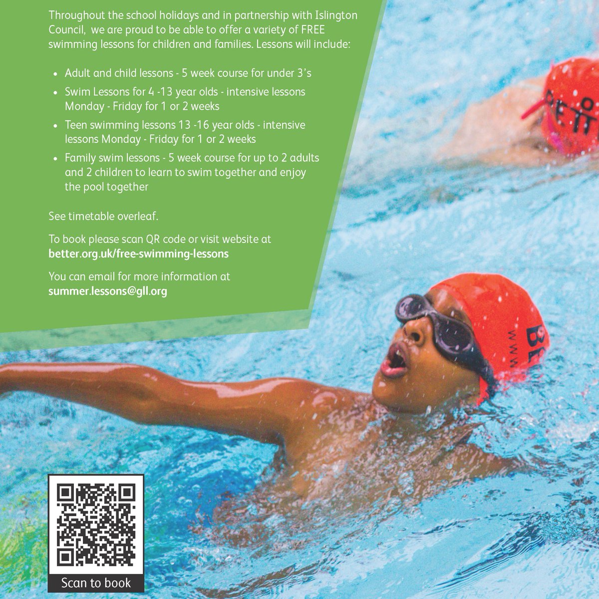 Did you know free swimming lessons are available in the school holidays! Islington Council are offering free swimming lessons for children and families, see more information here - bit.ly/3OKMugq