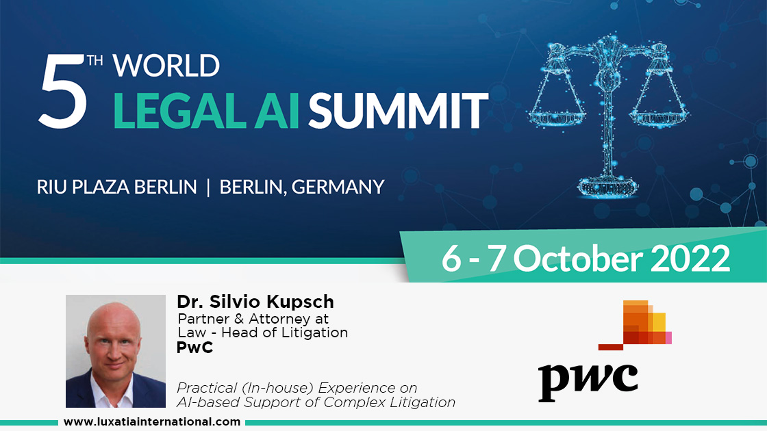 We are pleased to announce <a href="/Sikup/">Silvio Kupsch</a> (<a href="/PwC/">PwC</a>) as a keynote speaker at the 5th Legal AI Summit! Join us &amp; industry leaders to explore practical experience of AI-based support of complex litigation. Learn more 👉🏽 bit.ly/5th_Legal_AI #LegalAI2022 #LegalAI #LegalSummit #LegalTech