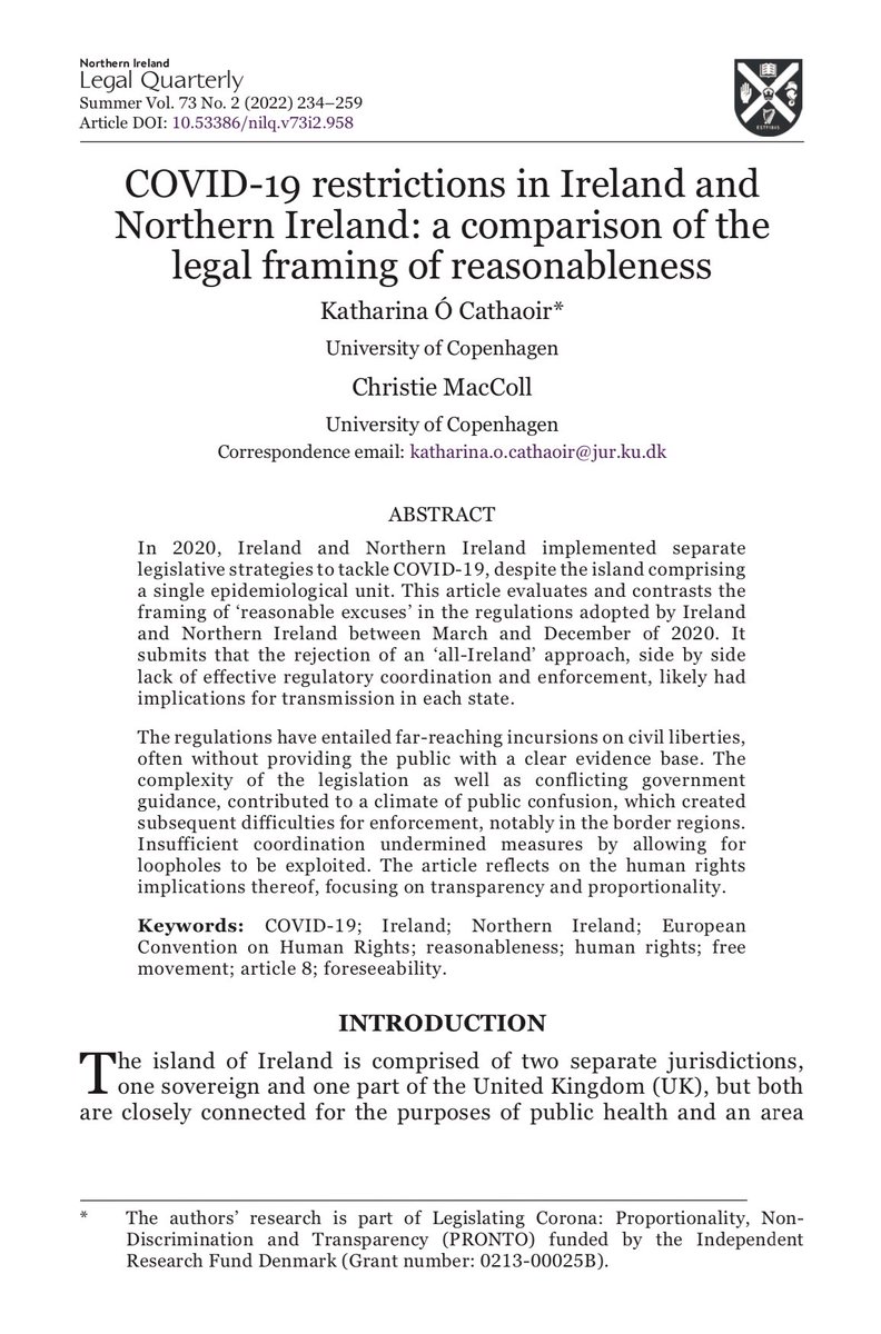 NILegalQ's tweet photo. ‘#COVID19 restrictions in #Ireland and #NorthernIreland: a comparison of the legal framing of reasonableness’

@Katharina_EJ @jura_ku and MacColl @koebenhavns_uni 

DOI https://t.co/PUCH8coViE https://t.co/M0LTCrGCKA