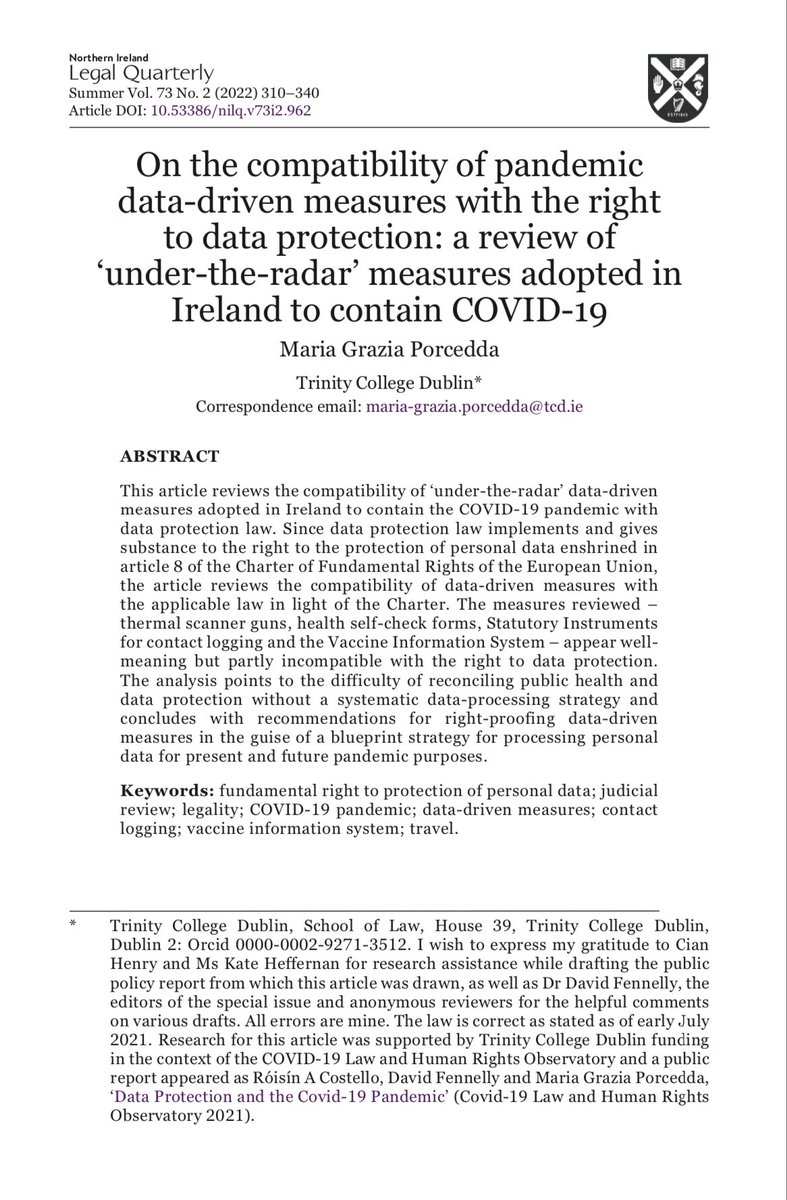 NILegalQ's tweet photo. ‘On the compatibility of #pandemic data-driven measures with the right to #dataprotection: a review of ‘under-the-radar’ measures adopted in #Ireland to contain #COVID19’

Porcedda @TCDLawSchool 

DOI https://t.co/E3mtCV2NET https://t.co/2LY86PEOse