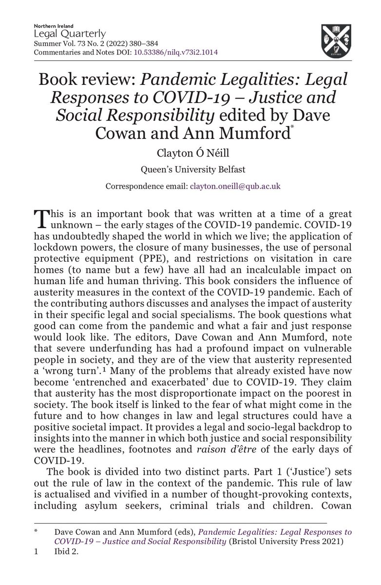 NILegalQ's tweet photo. ‘Book review: #Pandemic #Legalities: #Legal Responses to #COVID19 – #Justice and #SocialResponsibility edited by Dave Cowan @BristolUniLaw and Ann Mumford @KCL_Law’

@ONeillClay @qubschooloflaw 

DOI https://t.co/YuKZqxstGY https://t.co/fK1pNaeUtZ