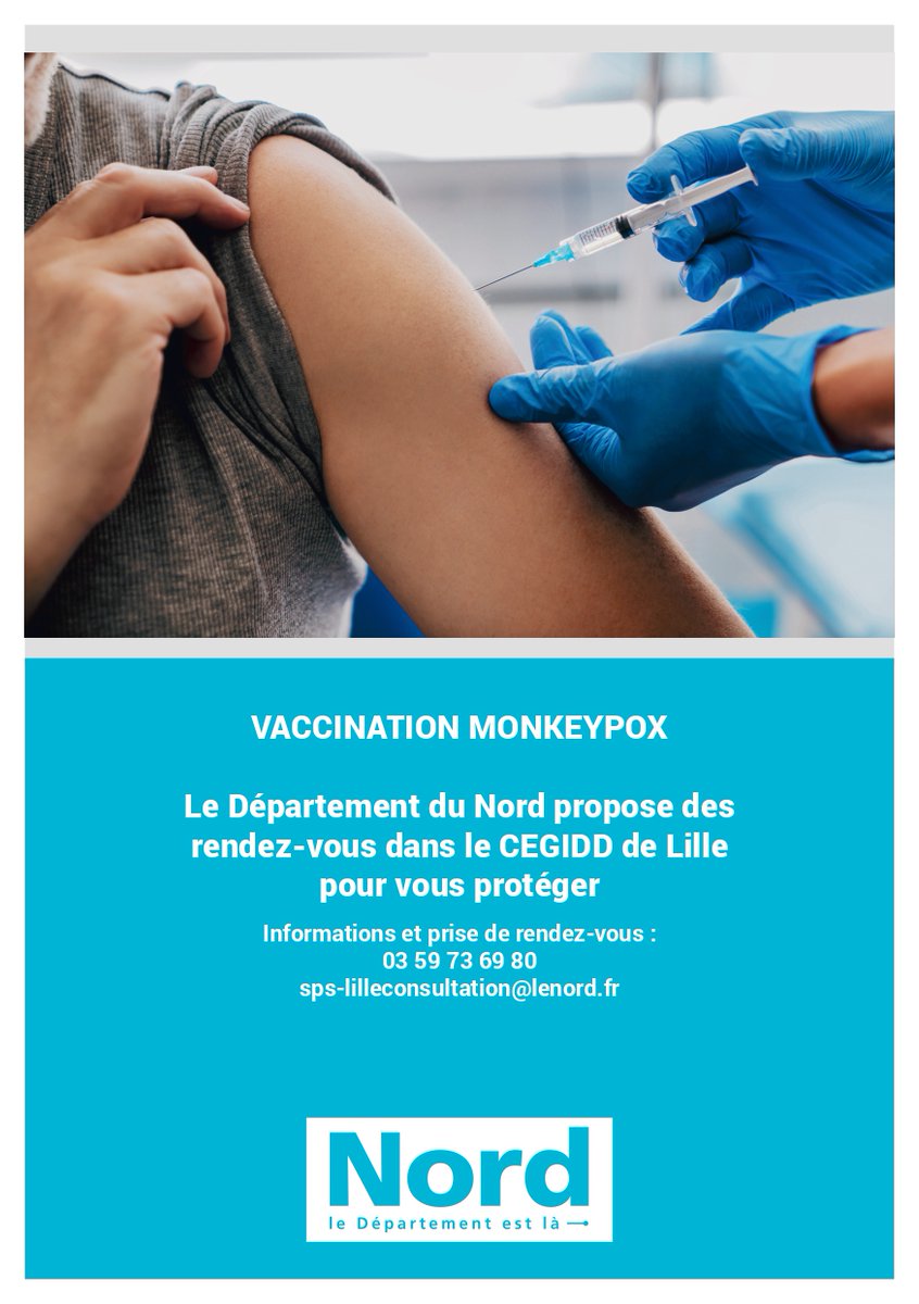 📣Information MonkeyPox
Le CeGIDD de Lille est désormais centre de vaccination Monkeypox 
Informations et prise de rendez-vous : téléphone au 03 59 73 69 80 ou par mail sps-lilleconsultation@lenord.fr