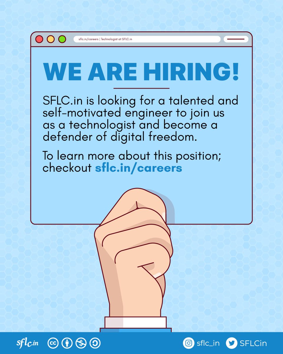 SFLCin's tweet photo. #Alert 
Do you love technology and how it impacts our society ?
https://t.co/R7wWHi6iXx is looking for a talented and self-motivated engineer to join us as a technologist and become a defender of digital freedom.
https://t.co/GgDC7TgzVe
#Hiring #Techjobs  #OpenSource #JobSearch https://t.co/MGmQSjcO0I