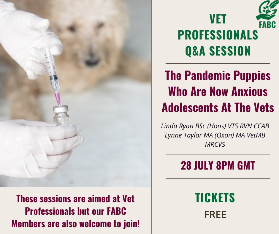 Our Vet Q &A is tonight! 

It's not too late to join us, to book go to bit.ly/3goQOC7  

#FABC #veterinaryprofessionals #medical #behaviour