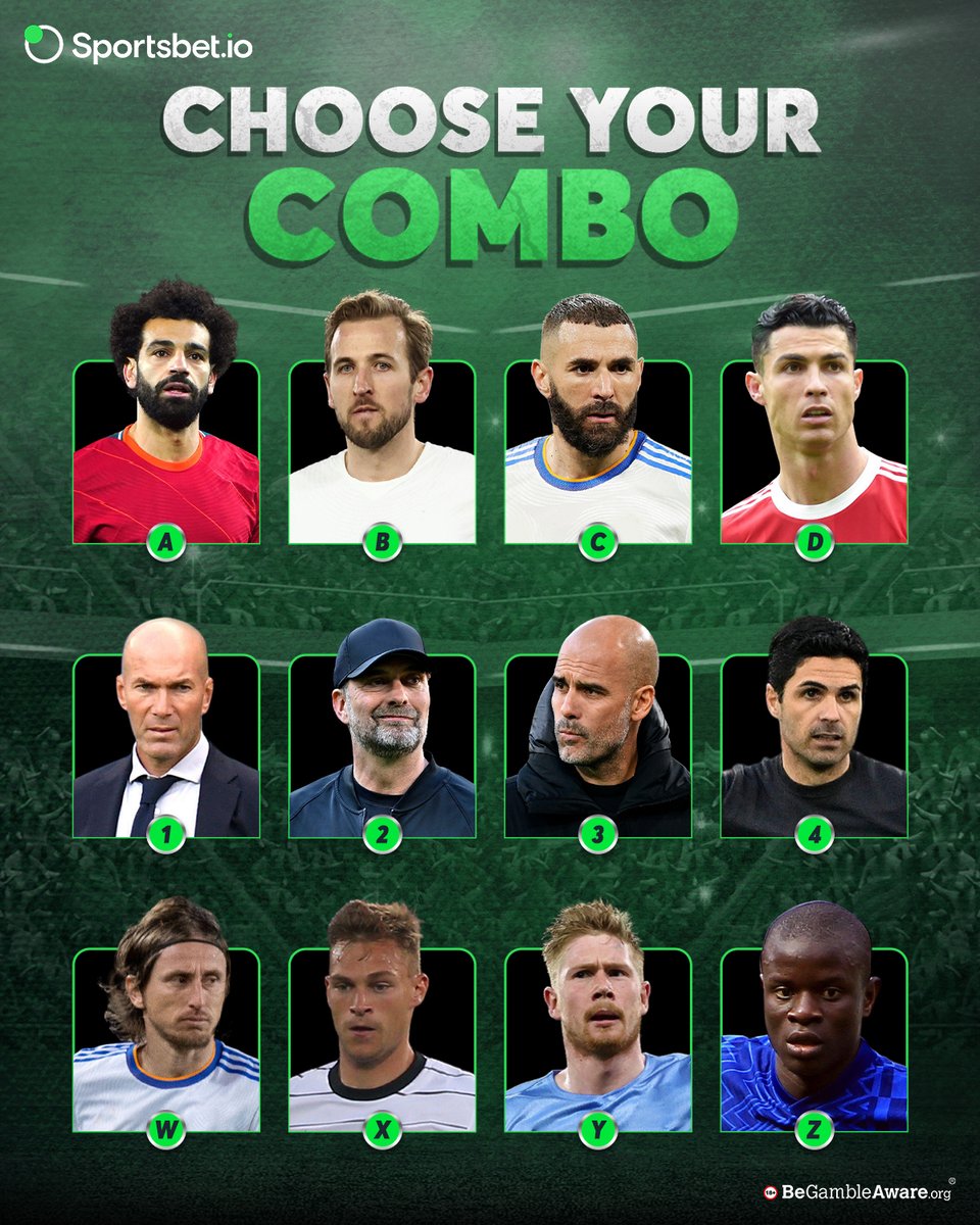 Sportsbetio's tweet image. One from each row 👇

Show us your combinations 👀

#Sportsbetio #Football #Soccer #Salah #Kane #Benzema #Ronaldo #Pep #Arteta