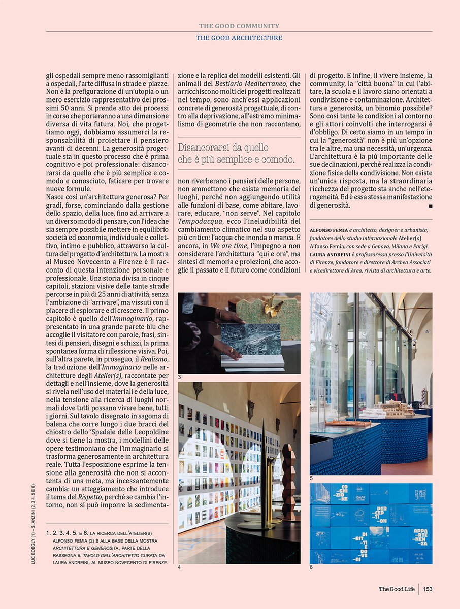 AteliersFemia's tweet photo. Cosa lega l’#architettura con la #generosità?
Nell'ultimo numero di The Good Life Italia
In #mostra fino al 5 ottobre al @MuseoNovecento
ALFONSO FEMIA. ARCHITETTURA E GENEROSITÀ
A cura di Laura Andreini
#AF517 @alfonsofemia #museonovecentofirenze #insidethewhale https://t.co/HAt583nPeb