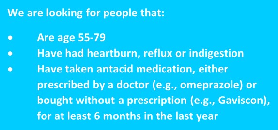 We're looking for people aged 55-79 yrs anywhere in the UK with heartburn/acid reflux to help shape exciting new cancer research at King's. Please retweet! <a href="/KCLcancer_pharm/">School of Cancer & Pharmaceutical Sciences</a> @CancerPrev_KCL <a href="/kingsmedicine/">King's Faculty of Life Sciences & Medicine</a>   <a href="/HeartburnCancer/">Heartburn Cancer UK</a> <a href="/ActionHeartburn/">Action-vs-Heartburn</a> Details here: cpg-ppi.com/best-4