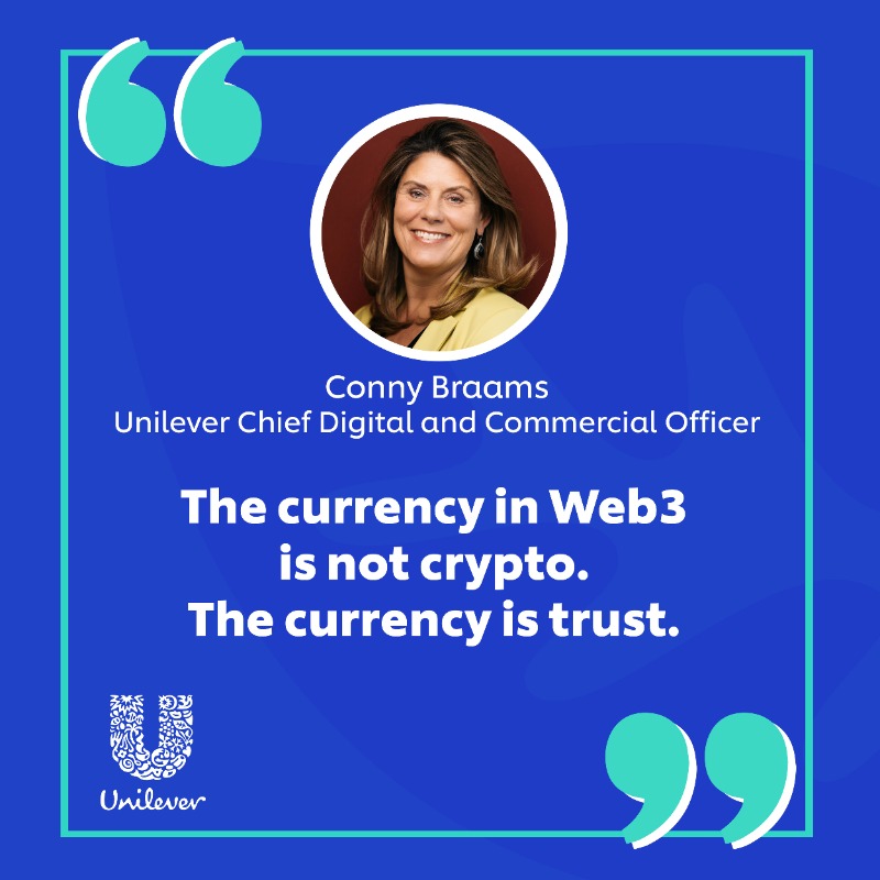 Unilever's tweet photo. The next iteration of the internet will bring uncharted opportunities and new economies. 

Find out why our Chief Digital &amp; Commercial Officer @ConnyBraams says that ethics and trust must underpin the emerging virtual world.  

#Web3 #Marketing