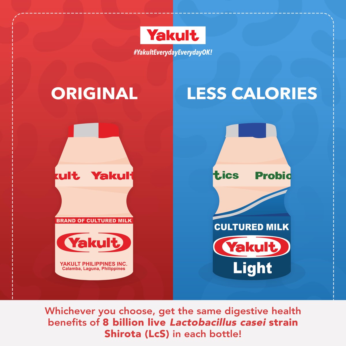 You can have the same delicious treat and healthy digestive system with Yakult Original and Yakult Light. The choice is up to you! Keep your gut healthy today and be #EverydayOK!​

#YakultEverydayEverydayOK