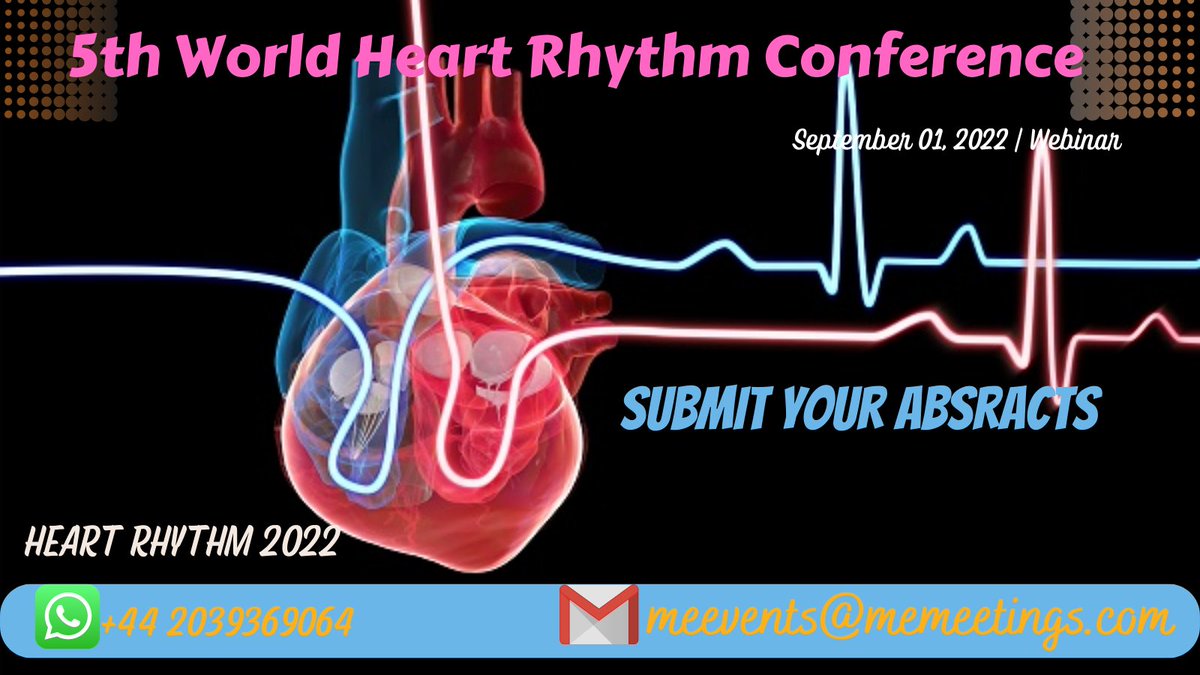 #SubmitAbstract in #Heatrhythm2022 Scheduled on September 01, 2022, #webinar. #Angiography #Arrhythmia #Atrialfibrillation #Cardiacregeneration
#Cardiacsurgery #Cardiooncology #Cardiologysurgery
whatapp : 44-2039369064
Submit your abstracts here: heartrhythm.cardiologymeeting.com/abstract-submi…