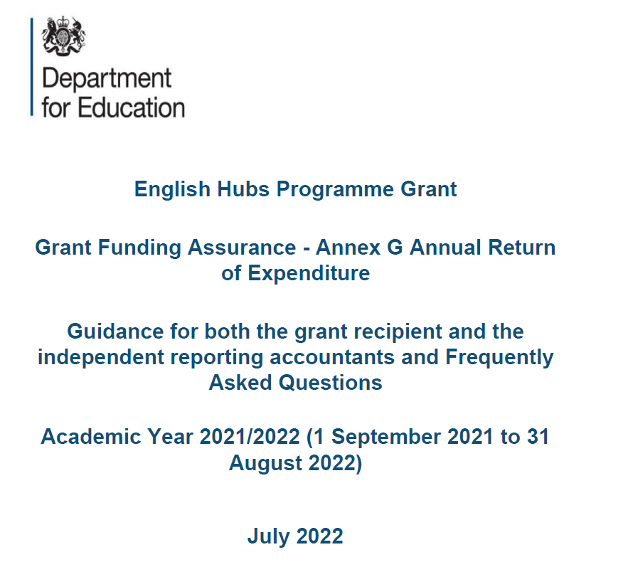 AcademyHelpdesk's tweet image. The DfE have released guidance to all academy trusts partaking in the Hubs Programme. A signed Annex G, together with the independent reporting accountant’s report, must be returned to the Department by Friday 30th September 2022.

#MAT #academies #teachingschoolhubs