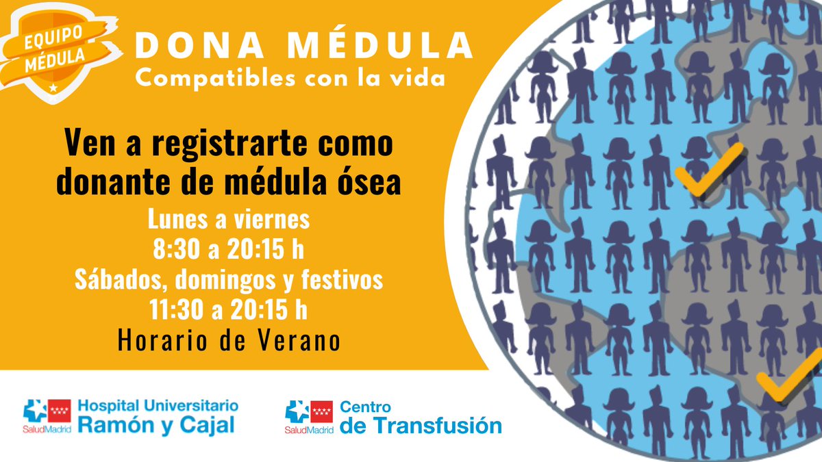 El #HospitalRamónyCajal #Madrid es un punto de registro de donantes de #médulaósea ☀️ Horario de verano: - Lunes a viernes: 8:30 a 20:15 h - Sábados, domingos y festivos: 11:30 a 20:15 h 🌍 #CompatiblesConLaVida #DonaMédula ✏ Lee toda la información en comunidad.madrid/donarmedula
