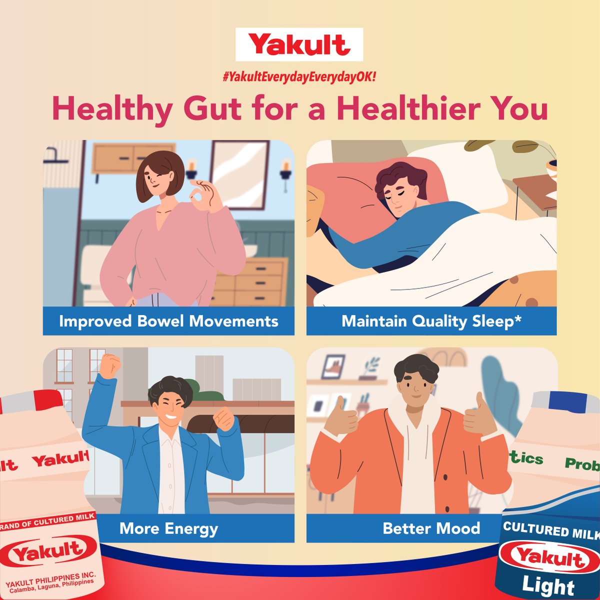 Be your best self and embrace the benefits of a healthy digestive system by drinking a bottle of Yakult!​ Yakult's 8 billion live 𝘓𝘢𝘤𝘵𝘰𝘣𝘢𝘤𝘪𝘭𝘭𝘶𝘴 𝘤𝘢𝘴𝘦𝘪 strain Shirota (LcS) keeps our digestive system in tip-top shape for a healthier life.