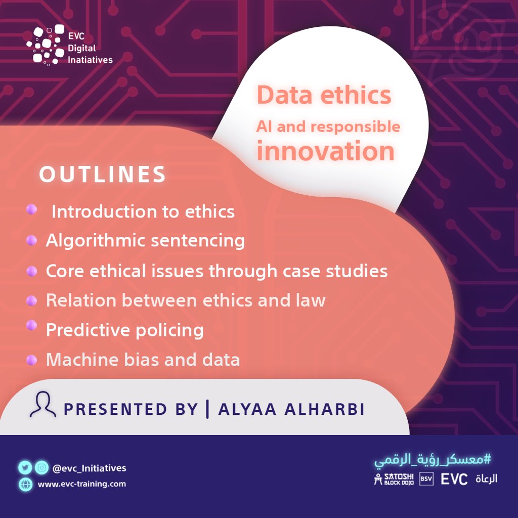 evc_Initiatives's tweet image. We have an interesting talk with Ms. Aliaa Alharbi 🤩💜
We’ll talk about #Data_ethics #AI and #innovation .
Don’t miss it 💻✨

#معسكر_رؤية_الرقمي 
#أخلاقيات_البيانات