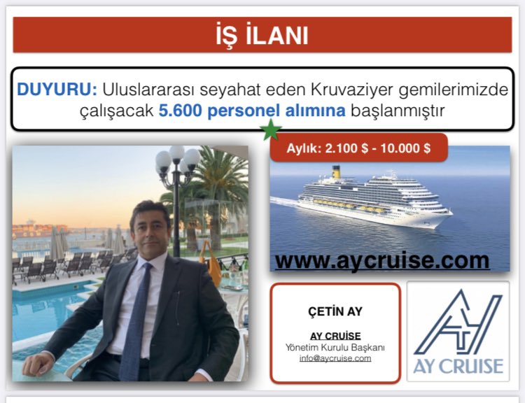 Kruvaziyer gemilerdeçalışacak,uzmanlık alanına göre farklılık gösteren aylık 2100$ 10.000 $ aşan maaşla çalışacak 5600 personel alımına başlanmıştır #bornova #OyMoyYokBye #şantajkaseti #latifepeker #namaz #savcısayan #akbnk #mecidiyekoey #esenyurt #çetinay