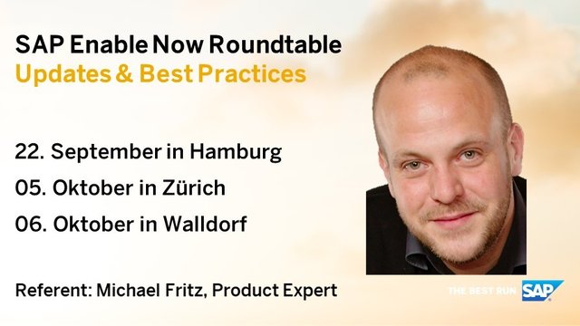 In den #SAPEnableNow Roundtables treffen sich Kunden und Partner zum Ausstauch über SAP Enable Now Updates und #BestPractices. 22. September in Hamburg 5. Oktober in Zürich 6. Oktober in Walldorf bit.ly/3cAKcCL