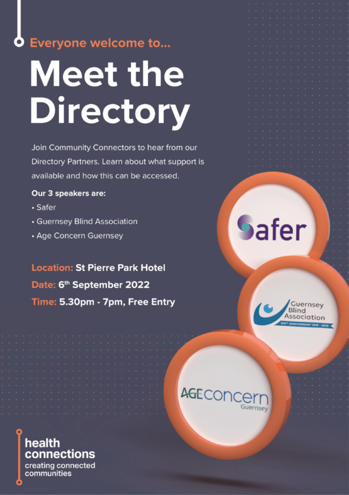 Health Connections Guernsey (@healthconnectgg) on Twitter photo Join us for our next Meet the Directory event on Tues 6th Sept from 5.30-7pm at St Pierre Park Hotel.
Hear from @saferlbg, Guernsey Blind Association & <a href="/AgeConcernGsy/">Age Concern Guernsey LBG</a> about the support they offer.
Register bit.ly/MeettheDirectoā¦
#CreatingConnectedCommunities
#MeetTheDirectory Join us for our next Meet the Directory event on Tues 6th Sept from 5.30-7pm at St Pierre Park Hotel.
Hear from @saferlbg, Guernsey Blind Association & <a href="/AgeConcernGsy/">Age Concern Guernsey LBG</a> about the support they offer.
Register bit.ly/MeettheDirectoā¦
#CreatingConnectedCommunities
#MeetTheDirectory