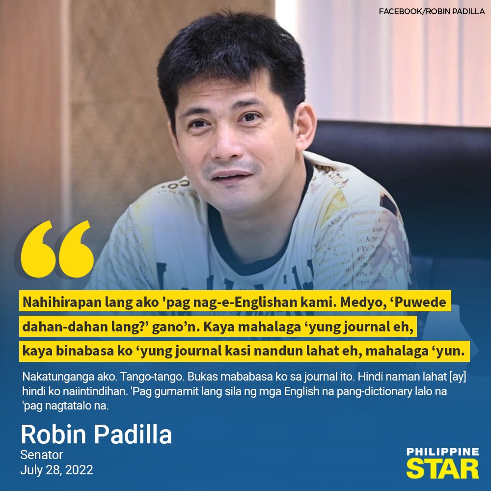 PhilippineStar's tweet photo. 'PUWEDE DAHAN-DAHAN LANG?'

Senator Robin Padilla on Thursday admitted that he is having difficulty in understanding fellow lawmakers during plenary debates, especially when they argue in English. https://t.co/aDNQg5Vw5Q
