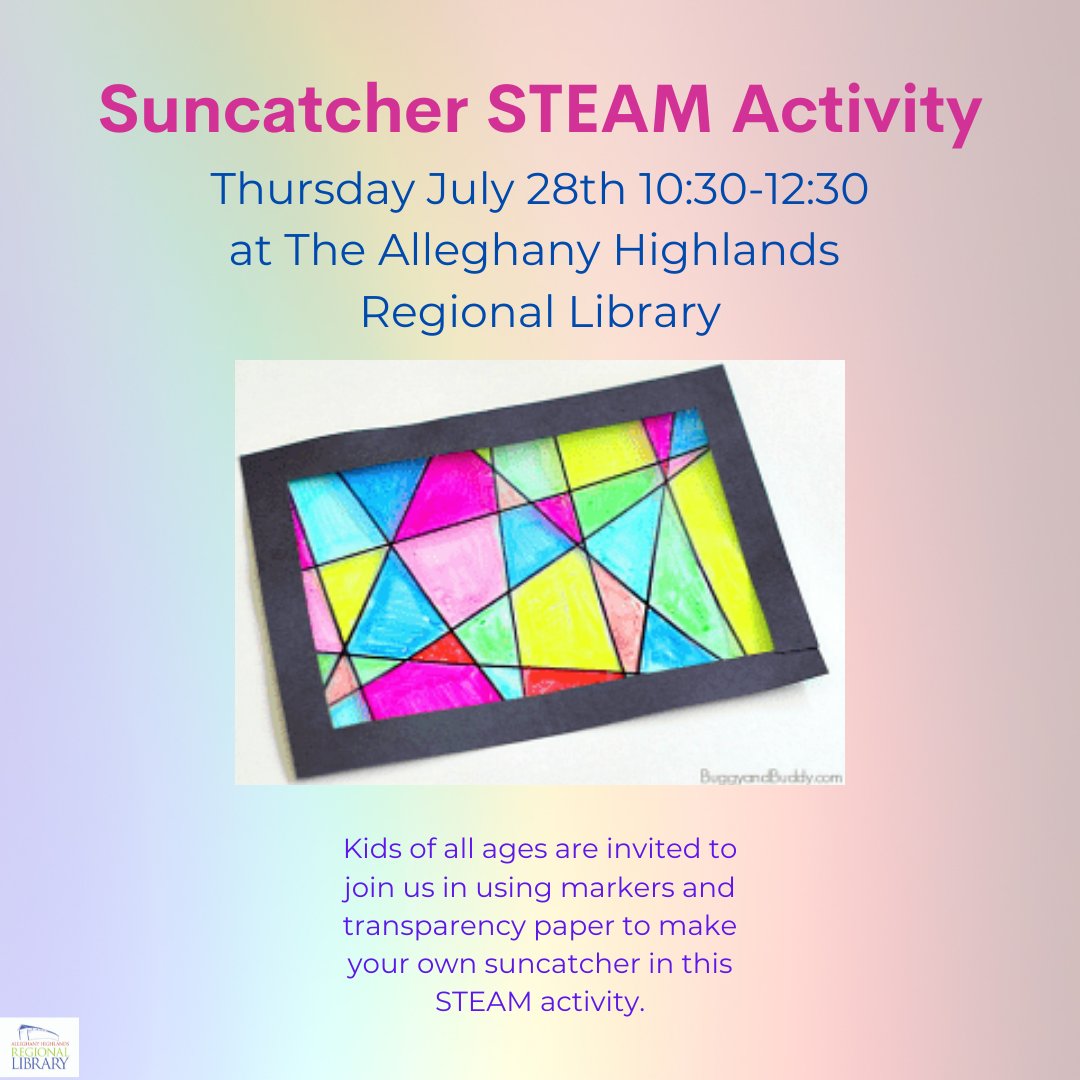 Is your house needing a little splash of color? Come join us today at 10:30am to make a suncatcher! We'll see you at the AHRL!

#summercrafts #summercraftsforkids #steamactivity #craftideasforkids #ahrlibrary