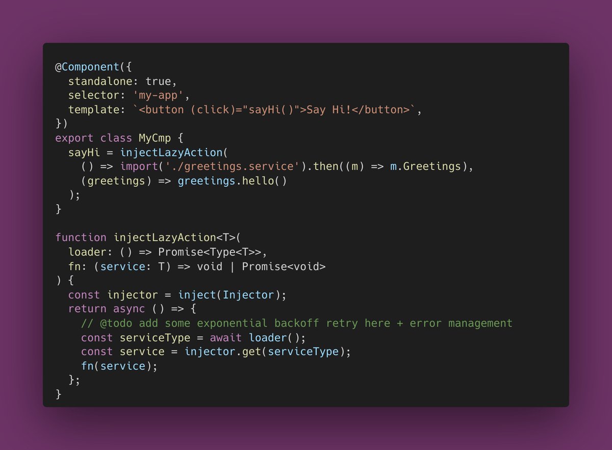 yjaaidi's tweet image. ⚡️ this is all the code you need to move #Angular lazy-loading boundaries a bit further.

Service&apos;s code is loaded / evaluated / executed only when the action is triggered.

💻 Try it here: stackblitz.com/edit/angular-i…

#javascript #performance