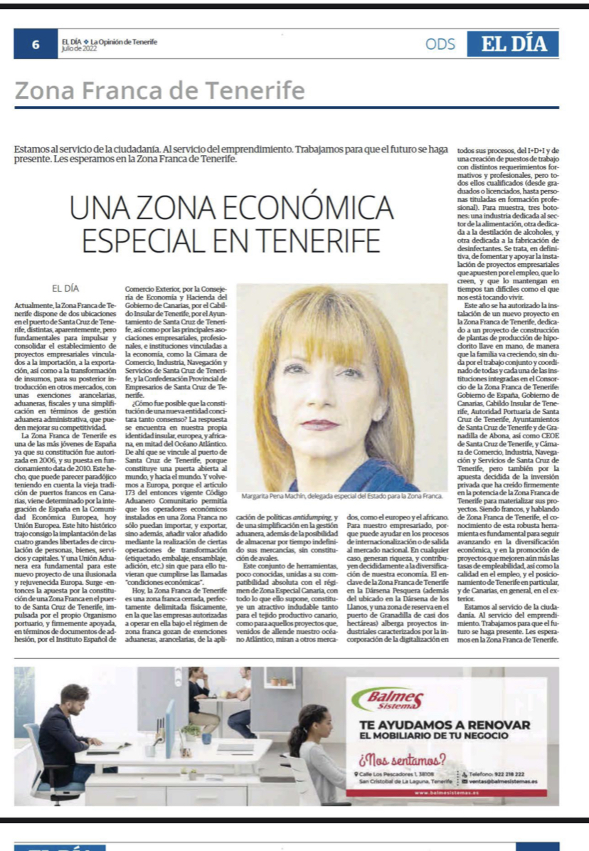 Seguimos dando a conocer ventajas, fortalezas y potencial de la Zona Franca de Tenerife. Artículo de la Delegada del Estado, Margarita Pena Machín