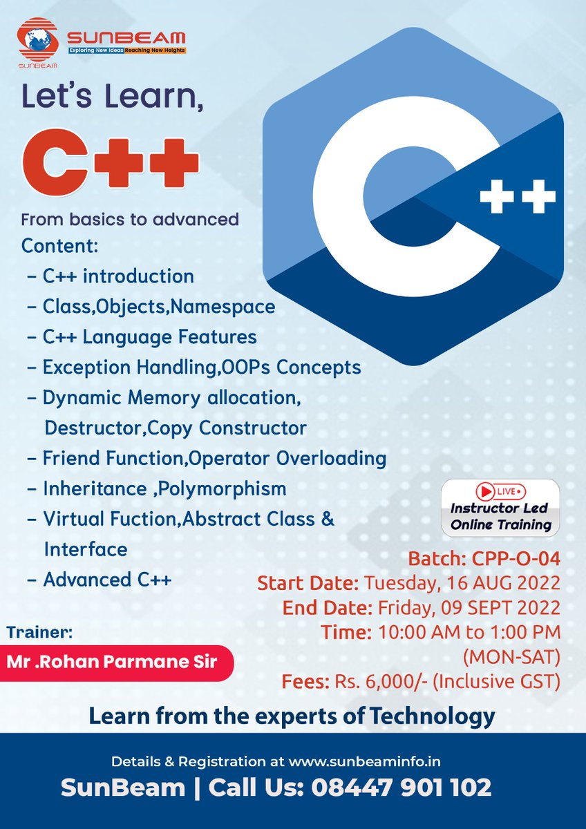 siitofficial's tweet image. 𝐂++ 𝐓𝐫𝐚𝐢𝐧𝐢𝐧𝐠
To know more Visit: sunbeaminfo.com/modular-course…
#learncpp #cpp #cppclasses #learncpponline #onlinetraining #sunbeam