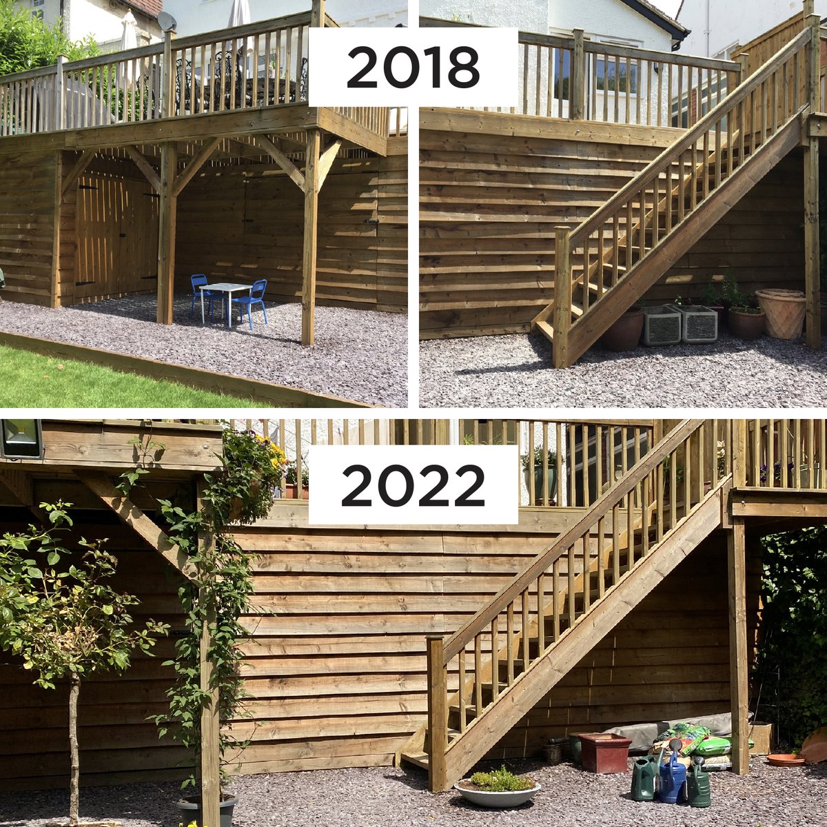 BarrettineP's tweet photo. A great before and after... well actually 4 years later! This customer initially treated his exterior wood with our Wood Preserver to prevent rot, fungi, and wood boring insects. Once this was protected and preserved, annual treatment of our Wood Protector👌 https://t.co/yloyCNHv4T