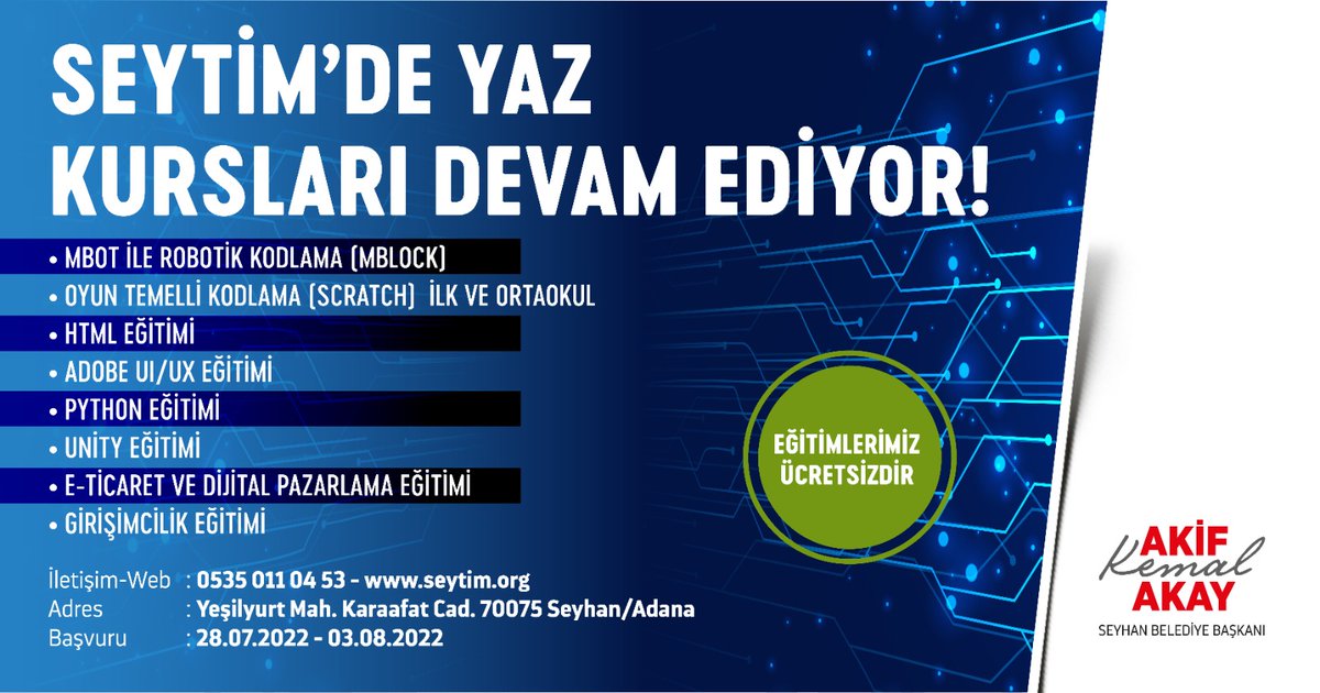 Seytim’de Teknoloji Yaz Kursları Devam Ediyor!
Robotik kodlamadan Python eğitimine kadar birçok alandaki kurslarımıza herkesi bekliyoruz.
•Bilgi ve Kayıt: seytim.org
•Başvuru Tarihleri: 28.07.2022 – 31.07.2022
•Eğitimler ÜCRETSİZDİR.
