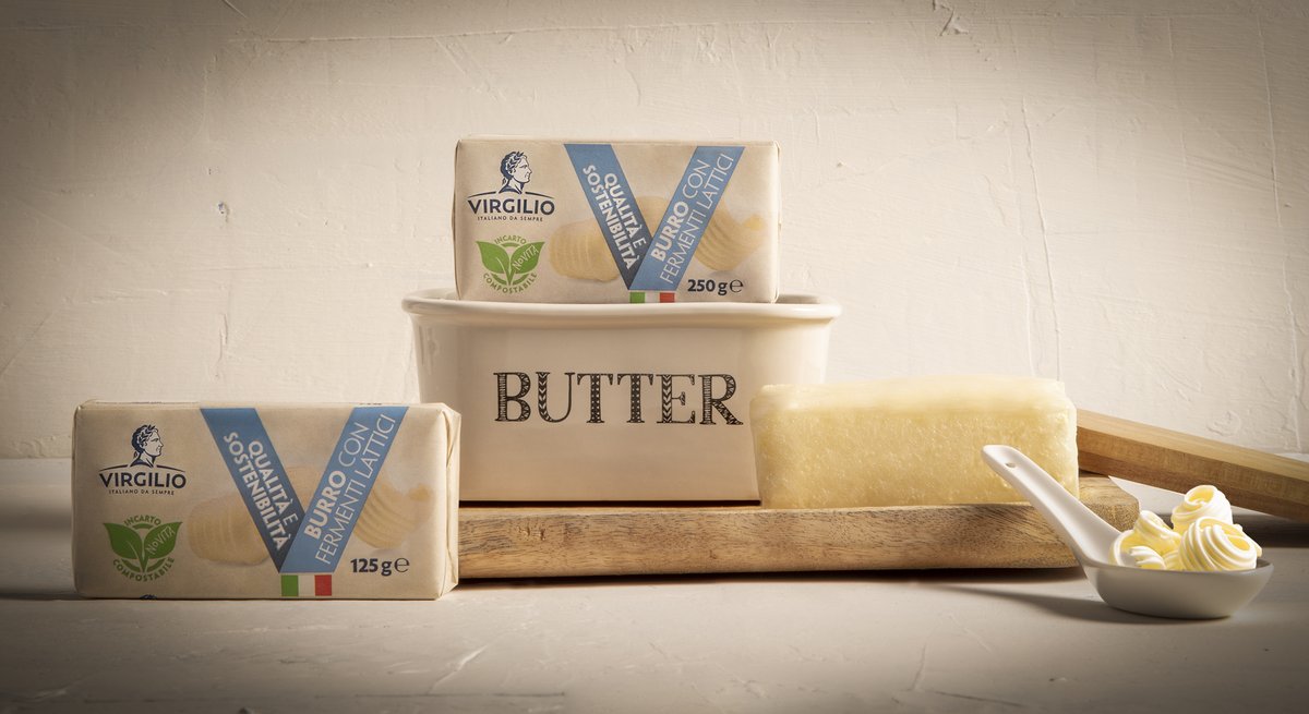 Il burro Virgilio è un prodotto genuino, ottenuto dalla crema del latte con la sola aggiunta di fermenti lattici selezionati. Fresco e ricco di gusto, ha in sé tutto il sapore del latte conferito dai nostri soci allevatori, adatto a rendere più appetitosa ogni tua ricetta.