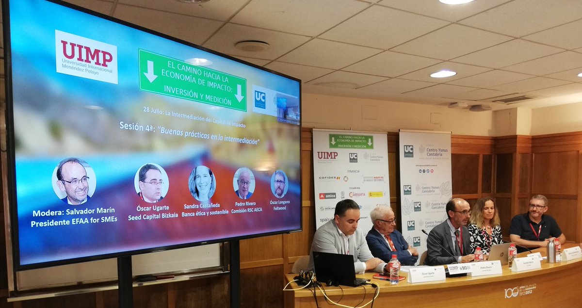 "Buenas prácticas en la intermediación" es la mesa redonda que modera Salvador Marín, de EFAA for SMEs, y participan Óscar Ugarte <a href="/SeedCapitalBiz/">Seed Capital Bizkaia</a>, Sandra Castañeda, Pedro Rivero <a href="/asociacionAECA/">AECA</a> y Óscar Longares @EcoFELTWOOD. #yunusUIMP2022