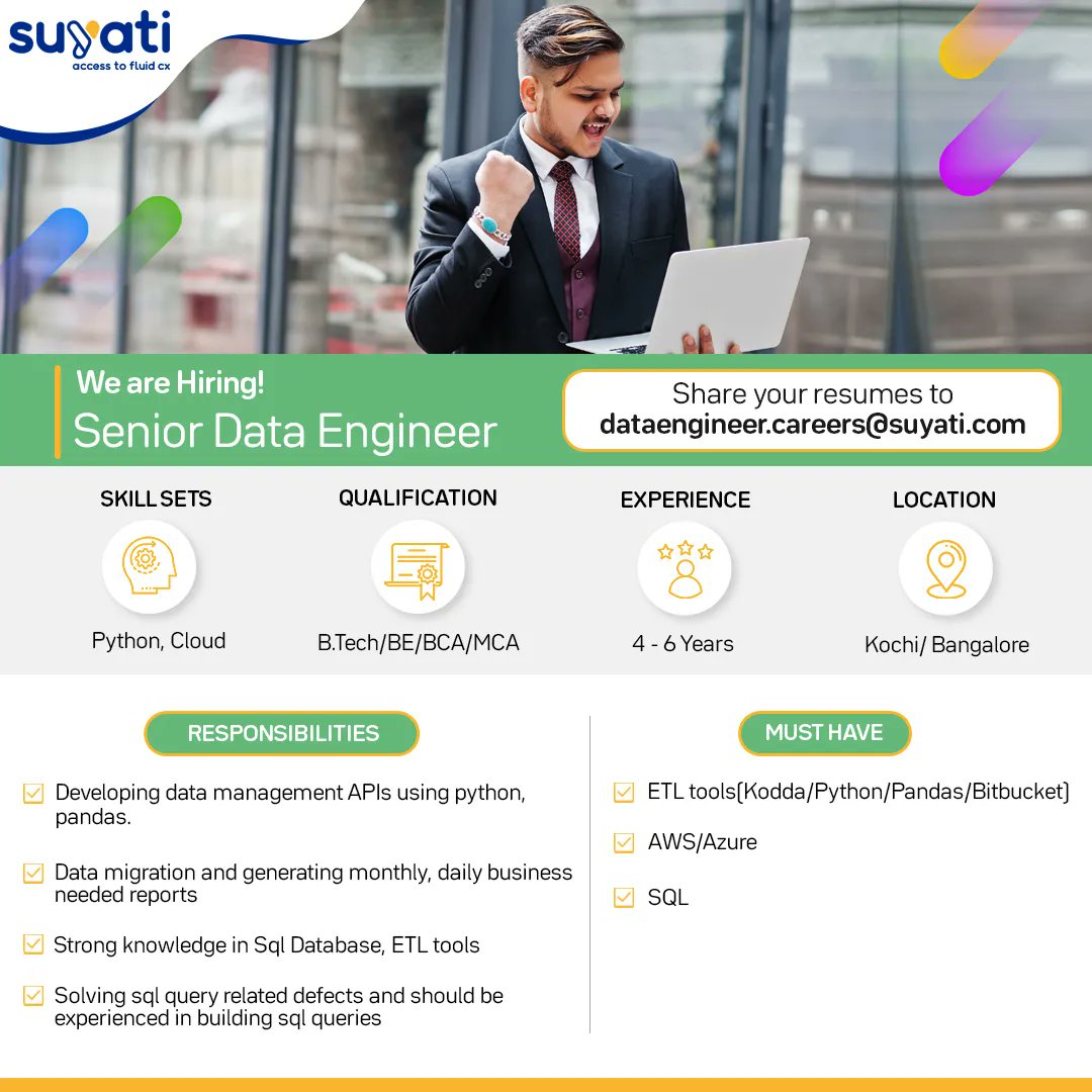 suyatitech's tweet image. Hiring #SeniorDataEngineer ( #Python , #Cloud) in Kochi and Bangalore.

Candidates with 4+ years of experience can apply by sharing your resumes at dataengineer.careers@suyati.com.

#suyati #nowhiring #AWS #Azure #SQL #jobs #Hiring #jobsinkochi #jobsinbangalore #careersatsuyati