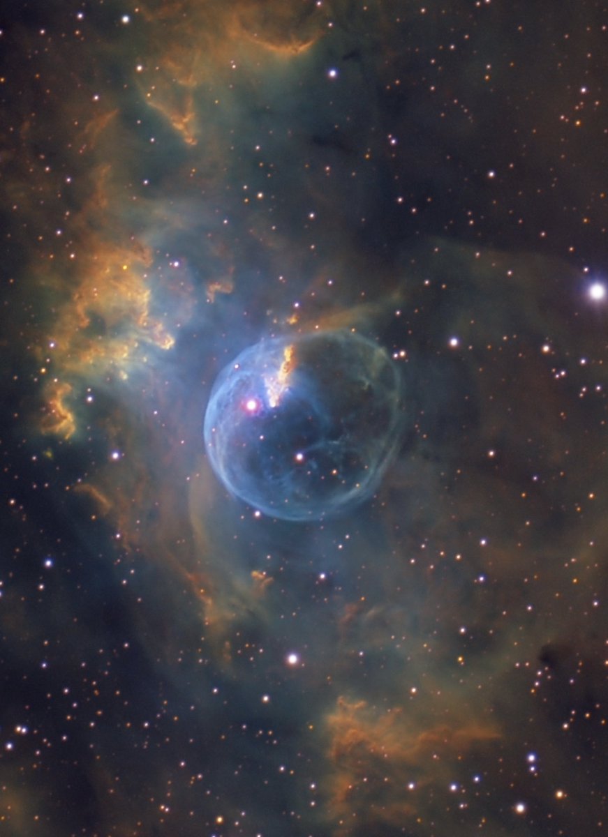 The Bubble Nebula in Cassiopiea

Total exposure: ~27h

S2 - 10h Ha - 8h 25’ O3 - 9h 10’  Edge 11HD (at 2800mm) 
QHY268M
LiteCrawler
Chroma SHO filters
AP900 mount.

<a href="/QHYCCD/">QHYCCD</a> 
<a href="/Celestron/">Celestron</a>