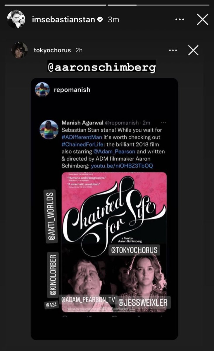amyp_86's tweet photo. @ aaronschimberg 

- From Sebastian’s insta stories 

#SebastianStan #AdamPearson #RenateReinsve #AaronSchimberg #ADifferentMan #ChainedForLife https://t.co/Hva2m8AOJO