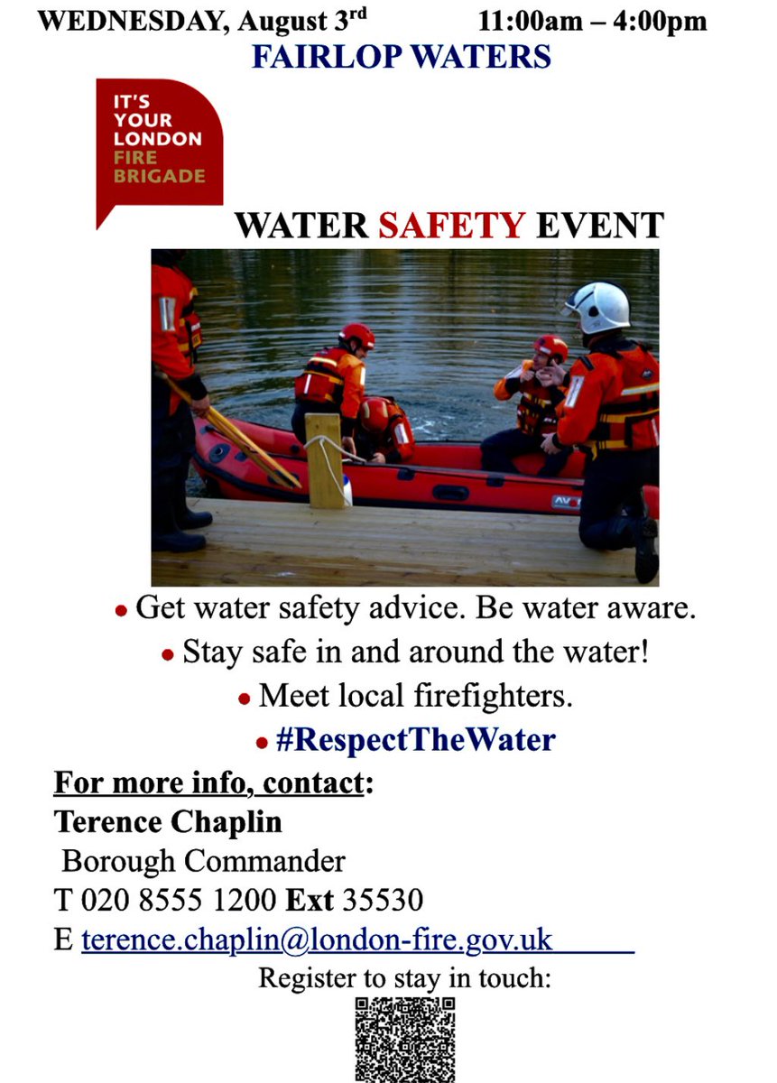 LFBRedbridge (@lfbredbridge) on Twitter photo Please come along on Wednesday 3rd Aug to Fairlop Waters for water safety advice #watersafety <a href="/LondonFire/">London Fire Brigade</a> Please come along on Wednesday 3rd Aug to Fairlop Waters for water safety advice #watersafety <a href="/LondonFire/">London Fire Brigade</a>